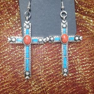 Earrings, Cross Native American Gem stones
